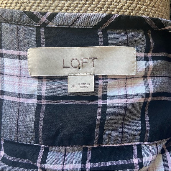 Loft Black Pink Plaid Tie Sleeve Side Slit Crewneck Flowy Pullover Top XL - Picture 5 of 6